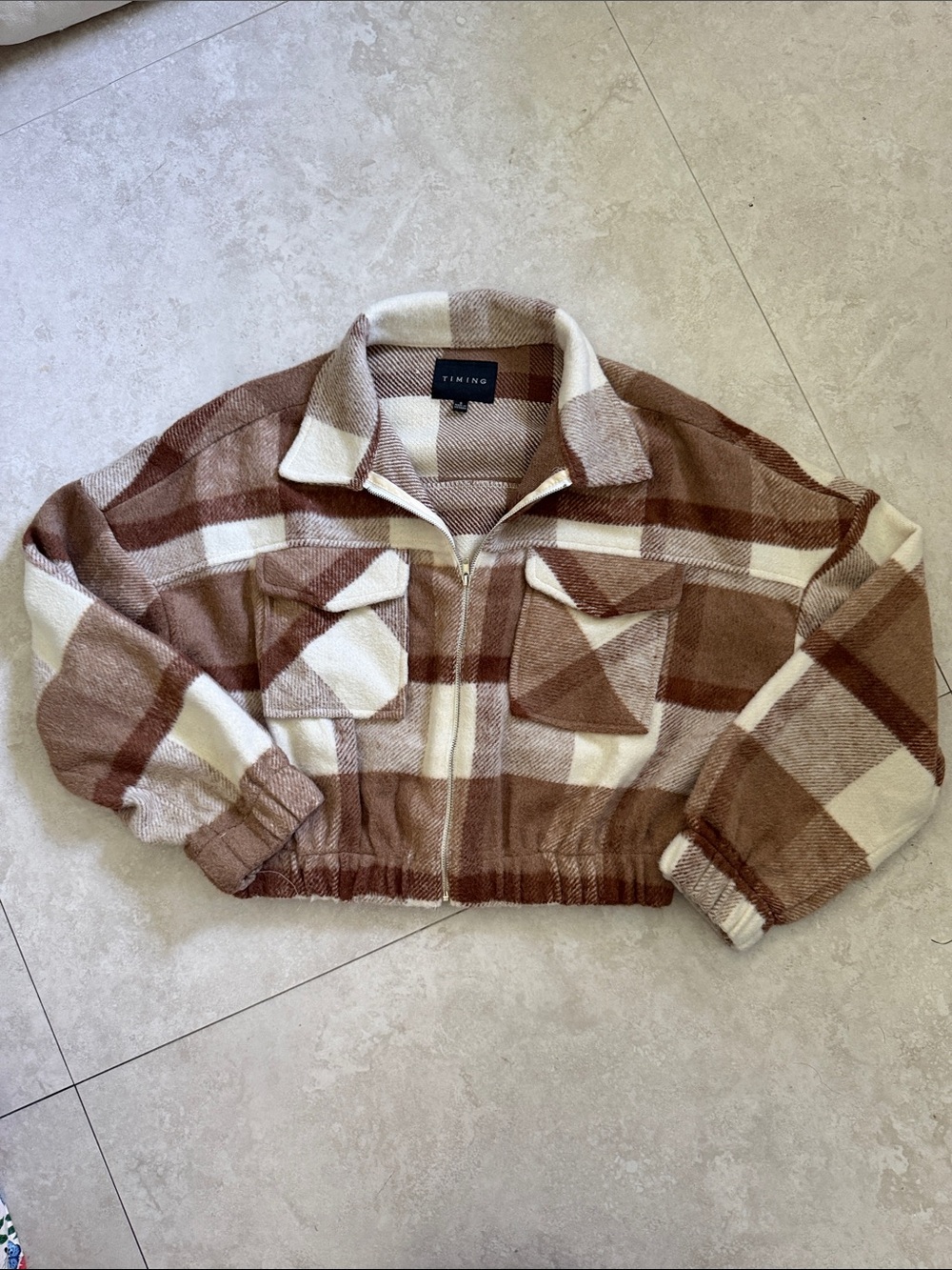 Brown & Cream Plaid Crop Jacket